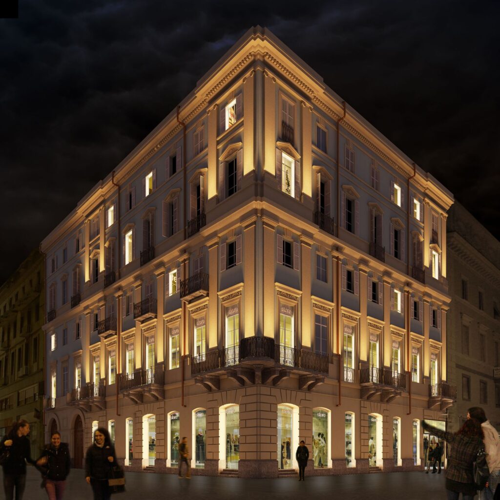 Real estate 3D rendering of the Lagrange 12 Turin at night with lots of lighting