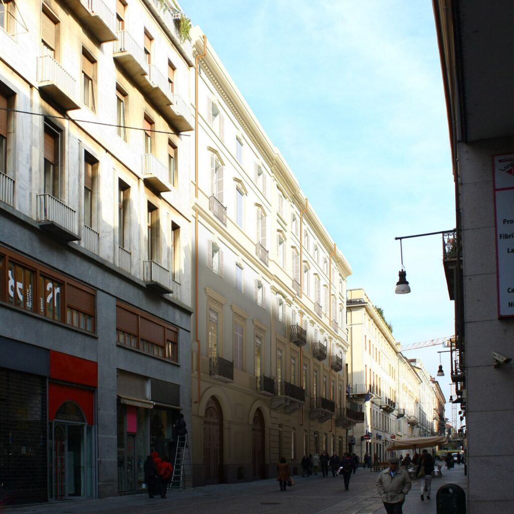 Real estate 3D rendering of the Lagrange 12 Turin neoclassical building remodeled with a store