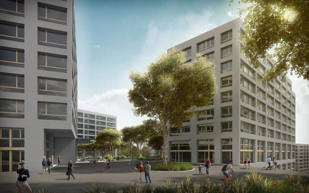 Real estate 3D rendering of the Schiffenen housing of buildings connected to the environment, with green areas