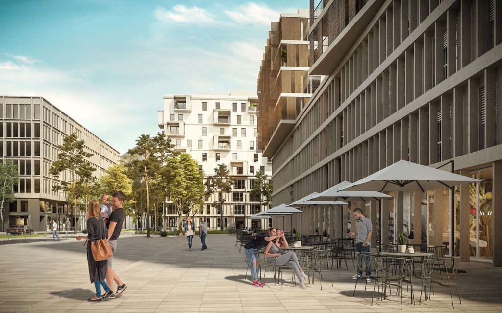 Real estate 3D rendering of the Quartier de l'Etang exterior of the building that on the ground floor has premises facing the street