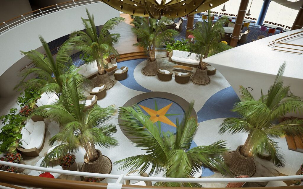 Real estate 3D rendering of the Hotel Eilat decorated with tropical plants and white and brown furniture