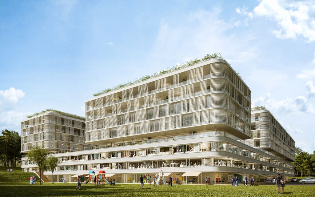 Real estate 3D rendering of the Jardins du Nation showing different kind of spaces, and a park at Geneva