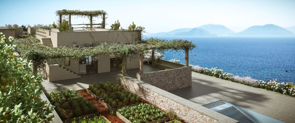 Real estate 3D rendering of the Lefkada Houses seen from the outside, where you can appreciate the environment in which it is located, and how it unites with the house
