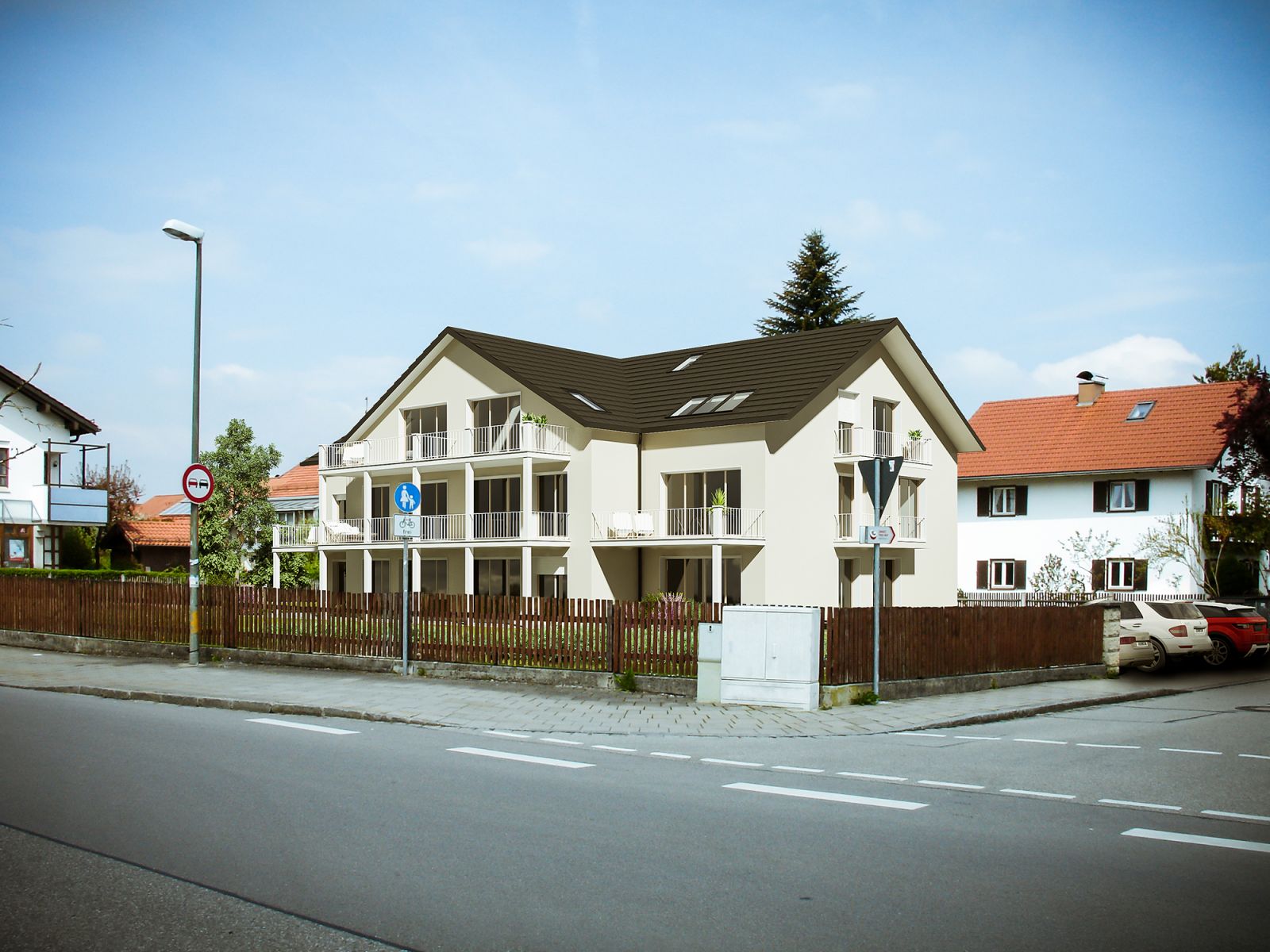 Real estate 3D rendering of the Multi Family at Munchen exterior on the corner of a block with a wooden fence