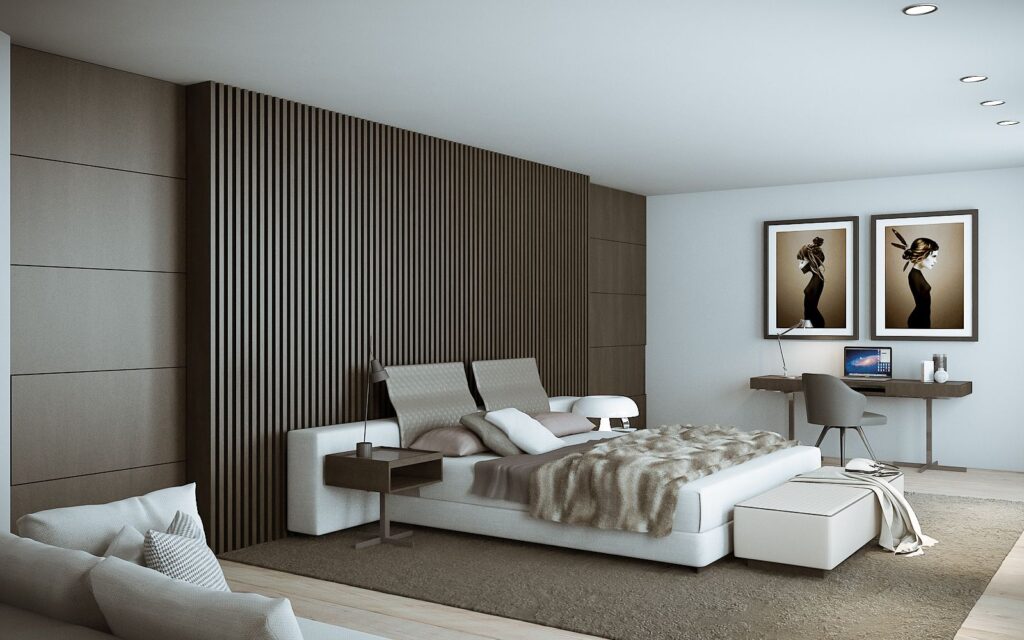 Residential 3D rendering of the Family villa bedroom decorated with a textured wall behind the bed and great illumination