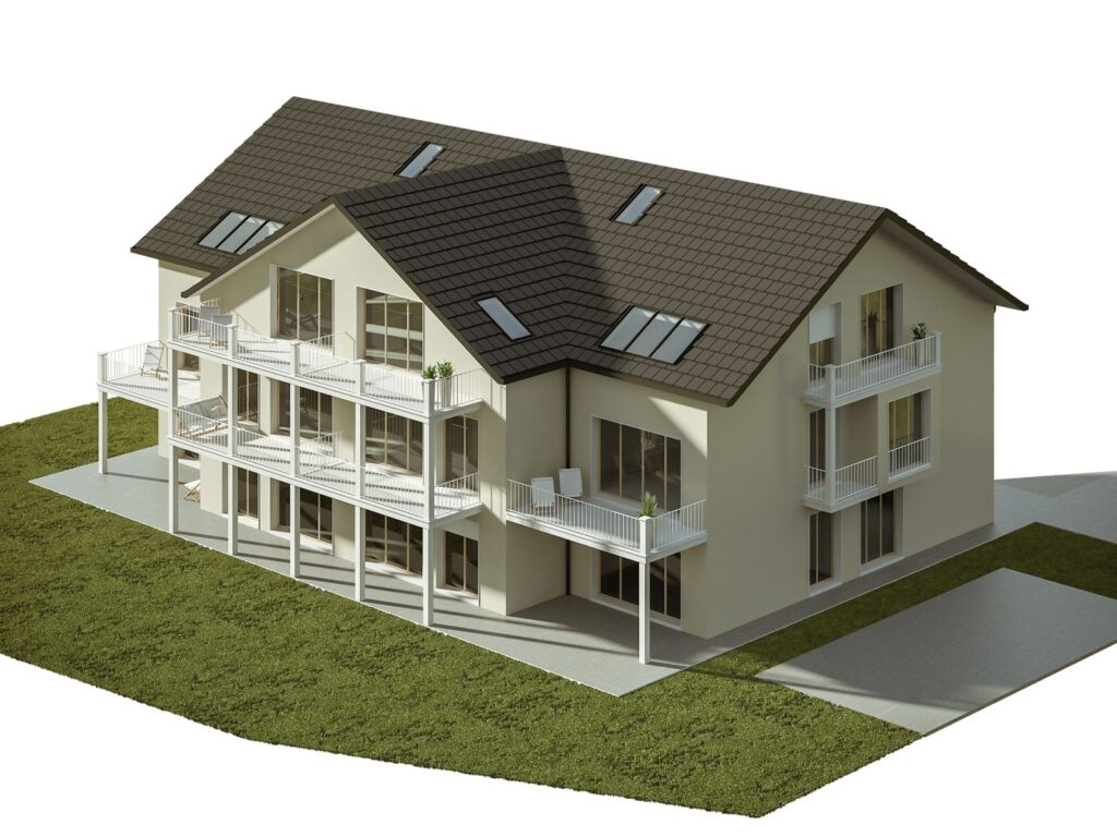Residential 3D rendering of the Multi Family at Munchen Exterior with windows on the black tiled roof and balconies on the upper floors