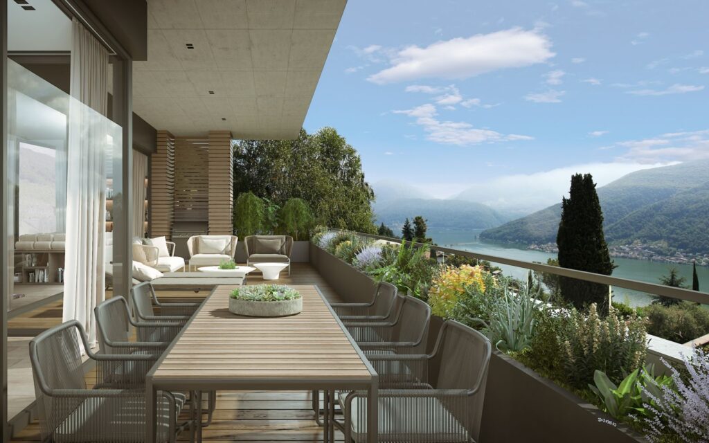 Residential 3D rendering of the balcony that unites with nature, the mountains and the lake at the Family home Vigneto