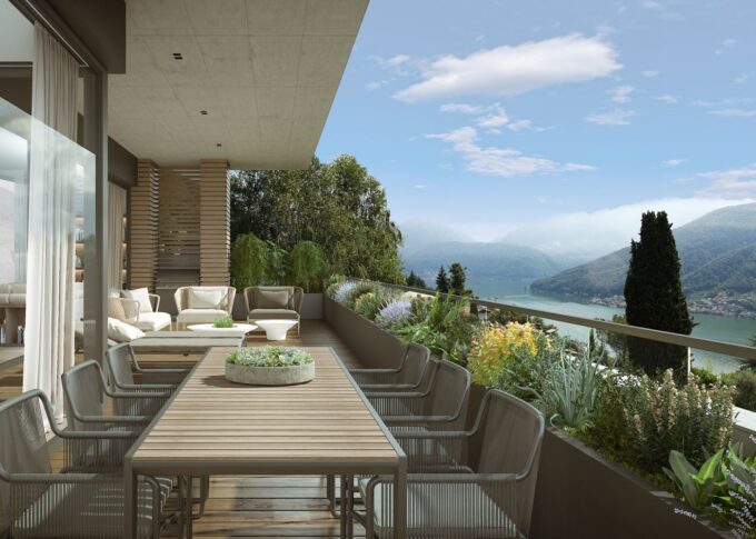 Residential 3D rendering of the balcony that unites with nature, the mountains and the lake at the Family home Vigneto
