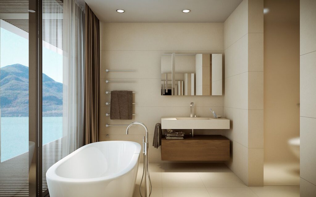 3D-Rendering des eleganten Badezimmers einer Familienvilla mit toller Aussicht und Beleuchtung