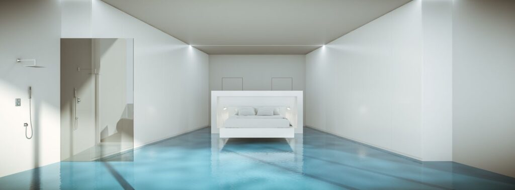 Residential 3D rendering of the bedroom and bath room in the Rotating towers hotel with glossy resin floor