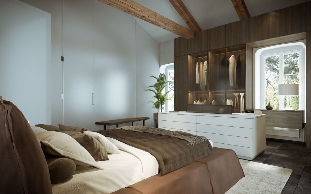 Residential 3D rendering of the Turin hills villa cozy bedroom with an opaque glass door and brown decorations throughout the room