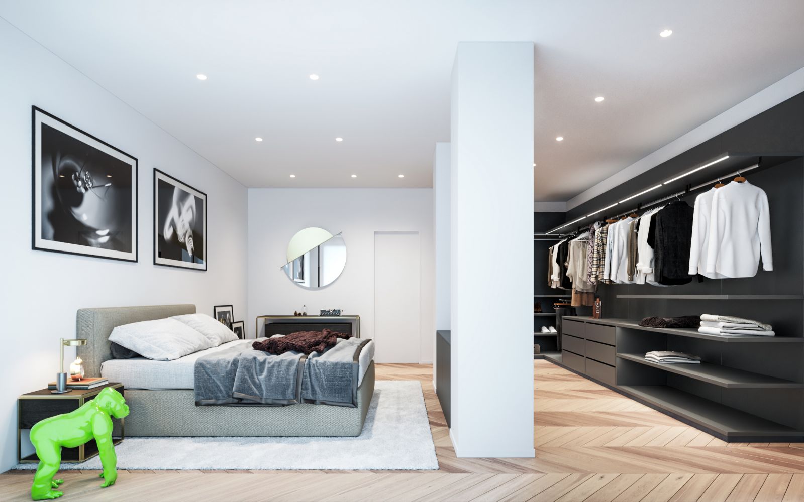 Residential 3D rendering of the Domus Lascaris bedroom connected with a modern dressing room and decorated with a green gorilla that stands out