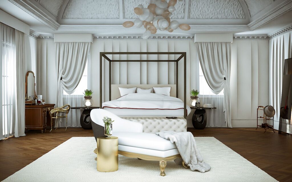 3D-Wohndarstellung des eleganten Schlafzimmers in der Dock Lane mit weißen Tönen bei Möbeln, Wänden und Vorhängen