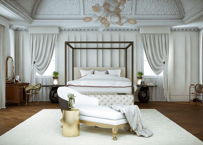 Residential 3D rendering of the Dock Lane elegant bedroom with white tones in the furniture, walls and curtains