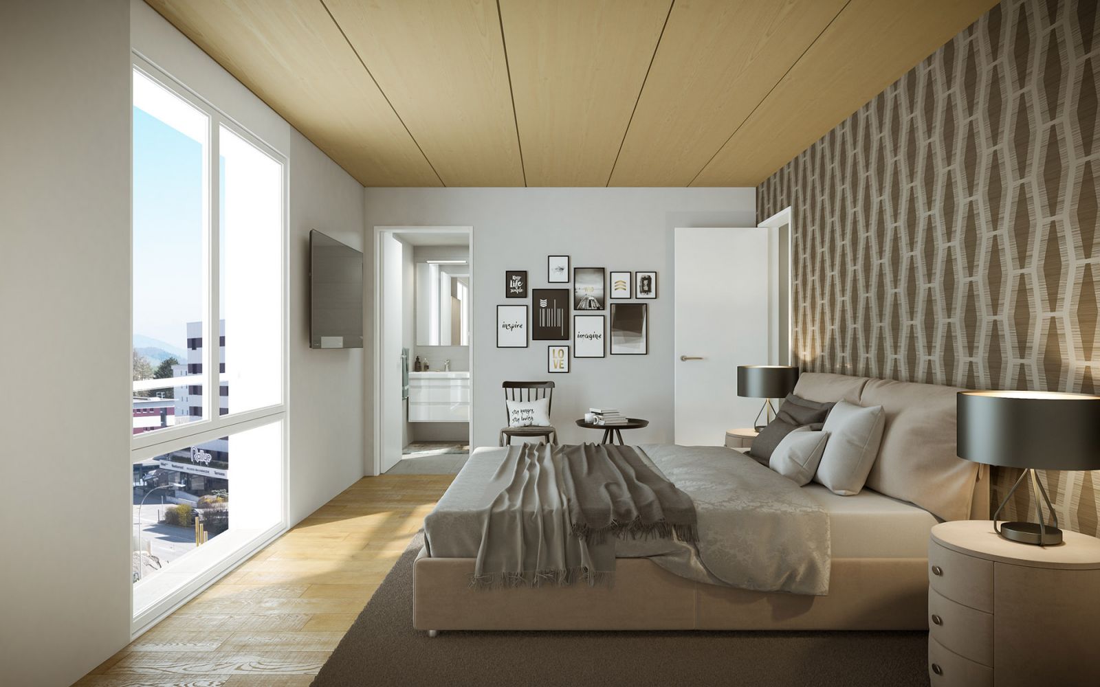 Residential 3D rendering of the Portes de Bull Housing bedroom with a good view, modern style and wallpaper on the walls