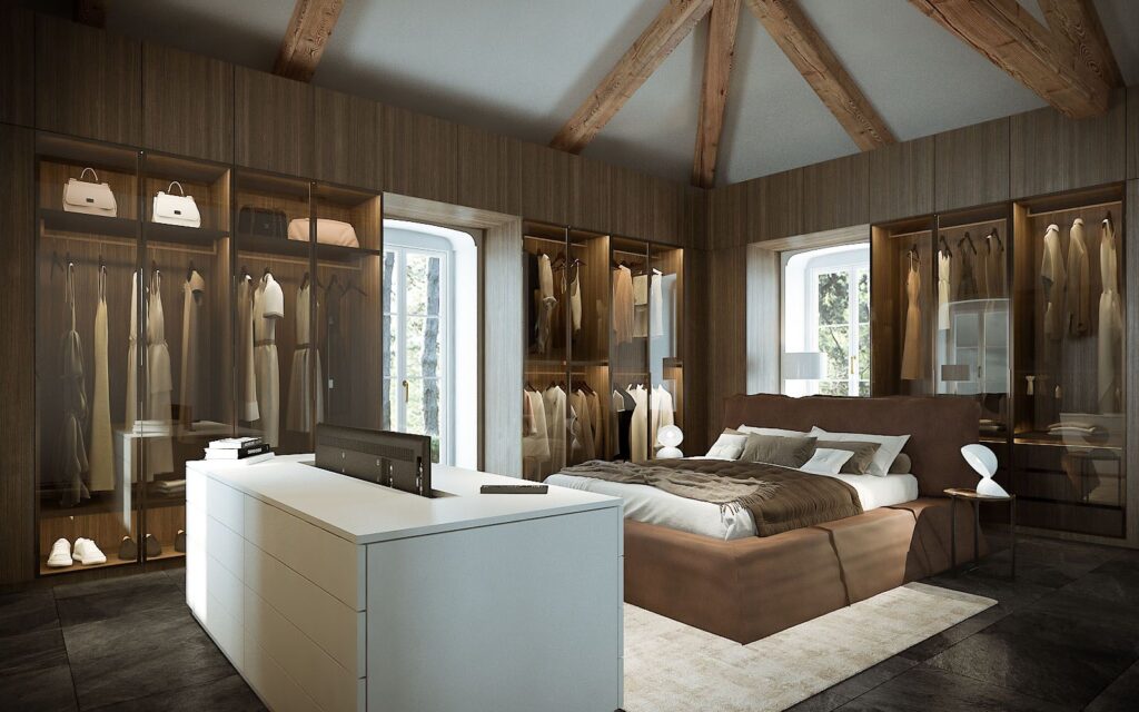 Residential 3D rendering of the Turin hills villa bedroom with dressing room included and furniture that divides spaces