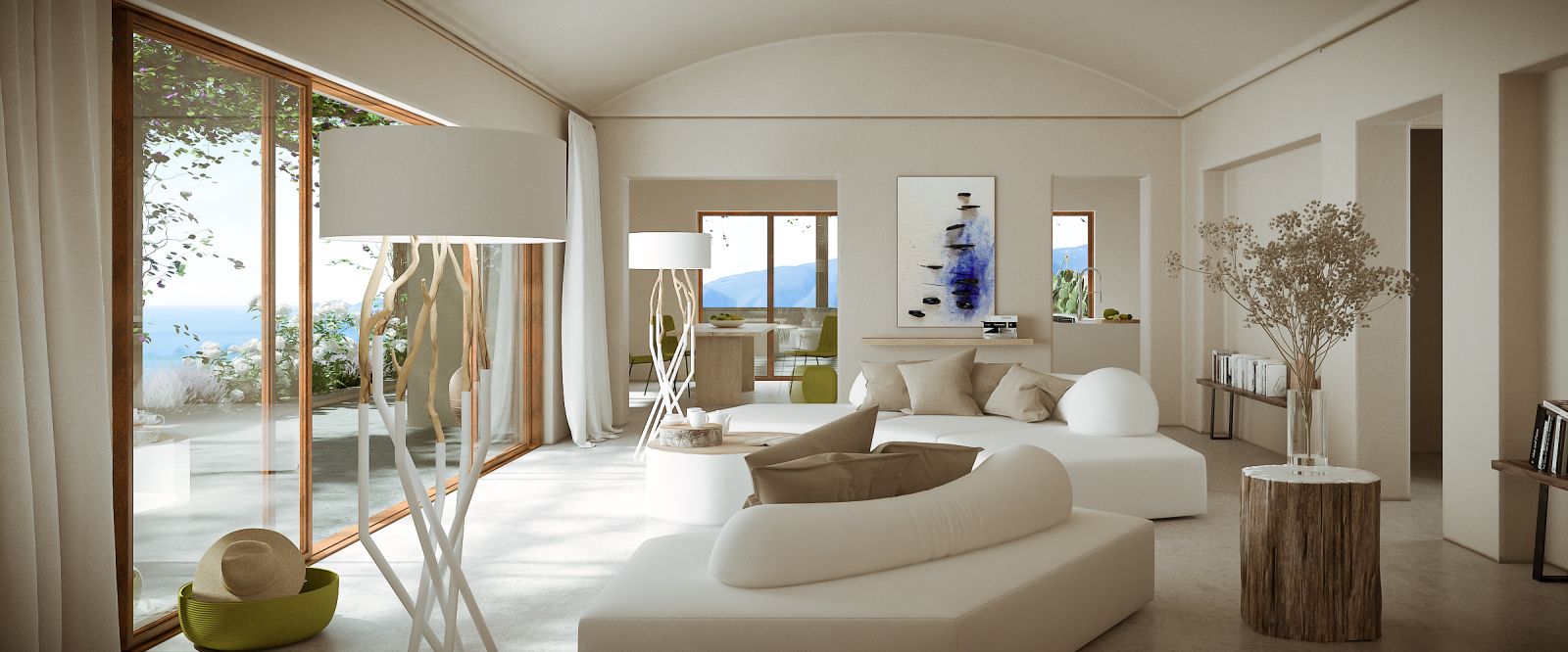 Residential 3D rendering of the Lefkada Houses clean living room with decoration in warm white and cream tones