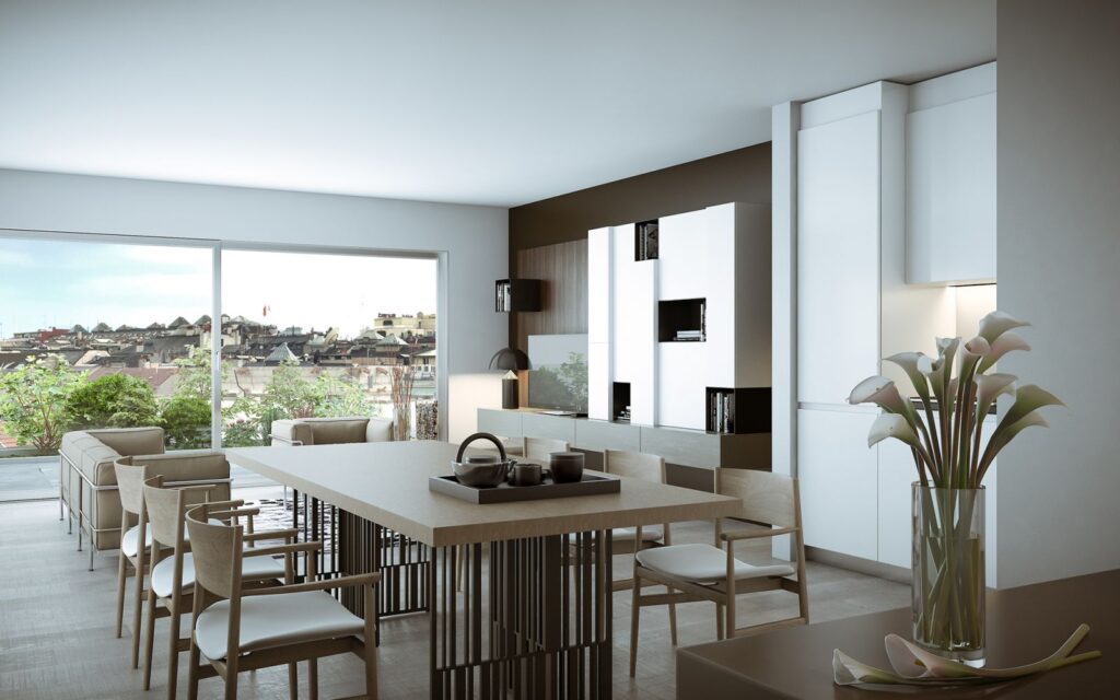 Residential 3D rendering of the Rossi 16 - Multi Family open-concept dining room, designed with a modern style, wooden furniture, and plenty of natural light