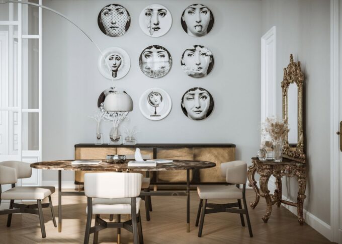 Residential 3D rendering of the Housing renovation of the dining room with a brown marble table and a golden piece of furniture