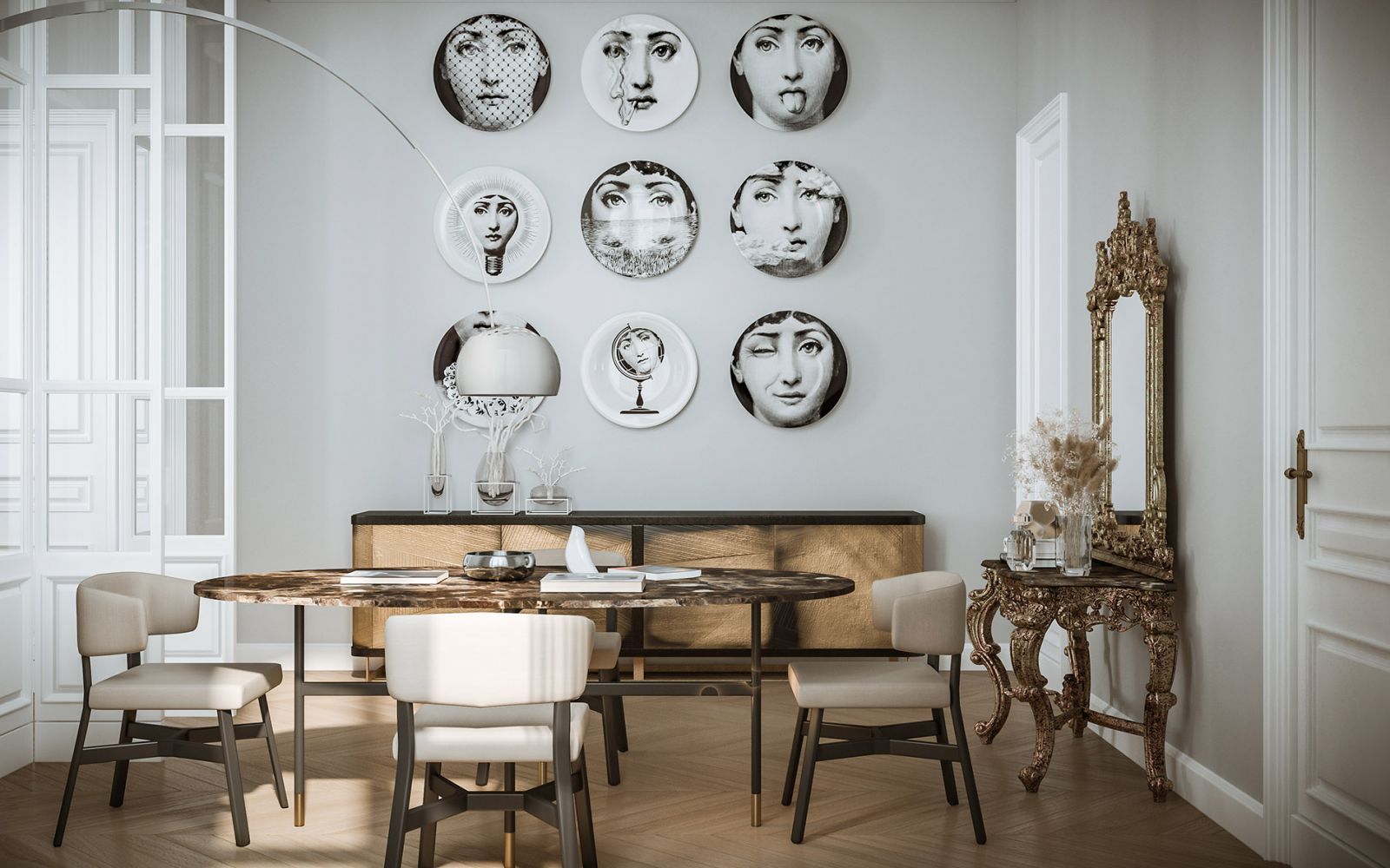 Residential 3D rendering of the Housing renovation of the dining room with a brown marble table and a golden piece of furniture