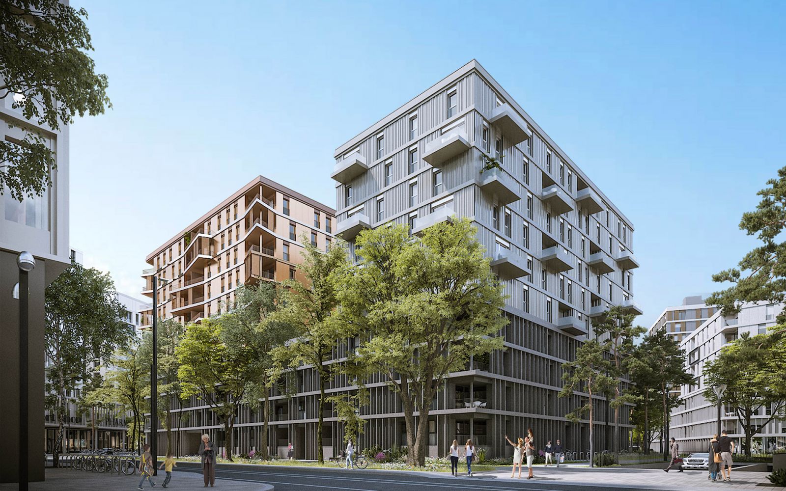 Residential 3D rendering of the Quartier de l'Etang with the facade of the lower floors in dark grey, and two more striking colours on the upper floors