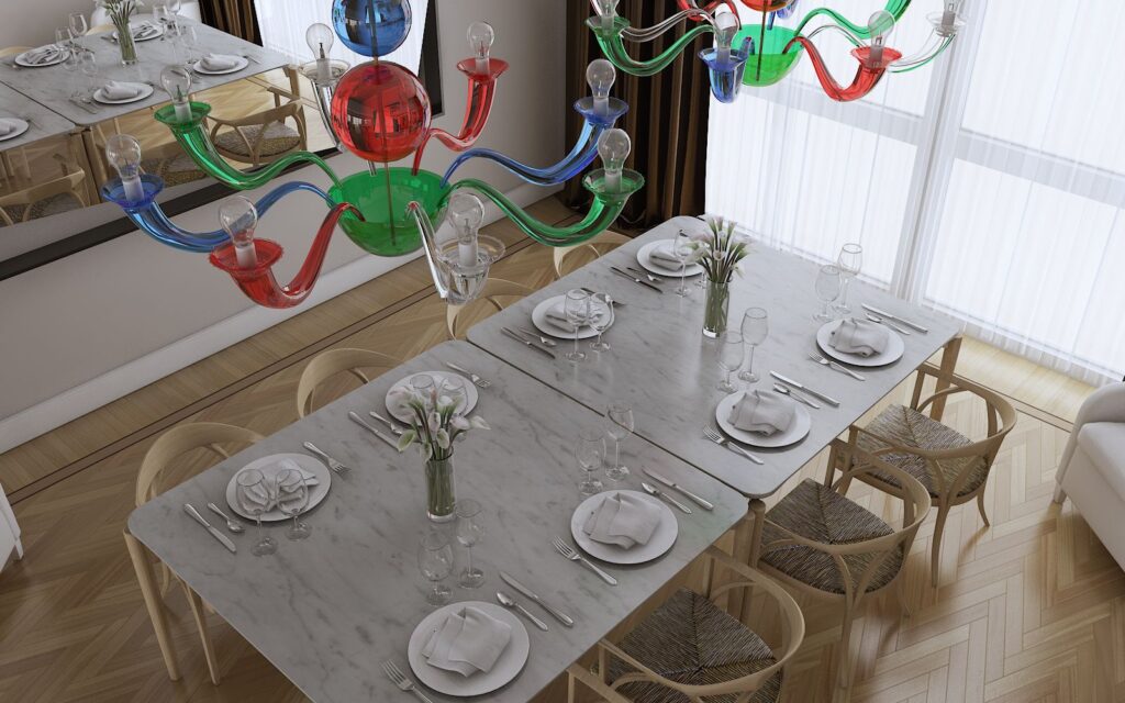3D-Rendering des modernen Esszimmers mit farbigen Glaslampen aus Murano im Mailänder Apartment – Via Saffi
