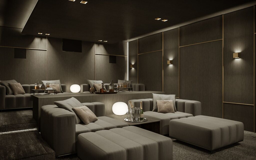 Resdiential 3D rendering of the luxury Private Home Theater with good distribution at a privte house in Zurich