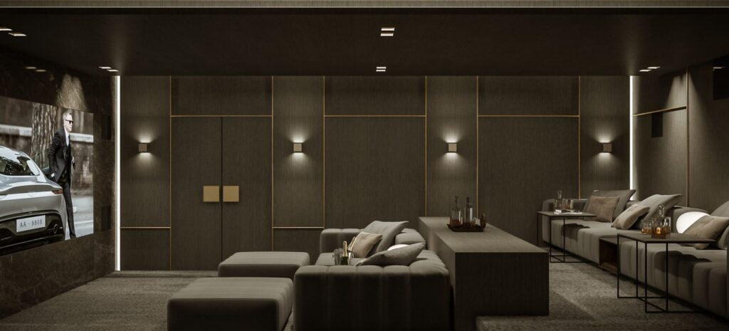 Residential 3D rendering of the luxury Private Home Theater with grey furniture in Zurich.