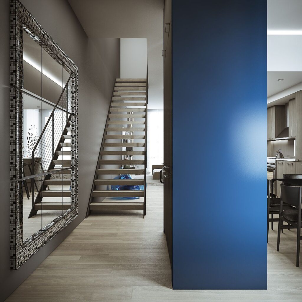 Residential 3D rendering of the Red Hook modern hall with a blue, a big mirror and wooden floor