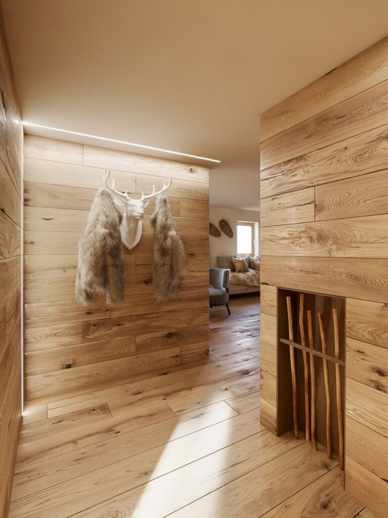 Wohn-3D-Rendering des Flurs des Celerina Housing mit Holzwänden, Lichtern entlang der Wände und rustikalem Dekor