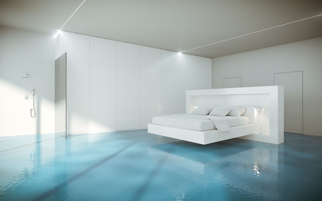 Residential 3D rendering of the bedroom hotel in the Rotating towers with minimalist style and a glossy resin floor