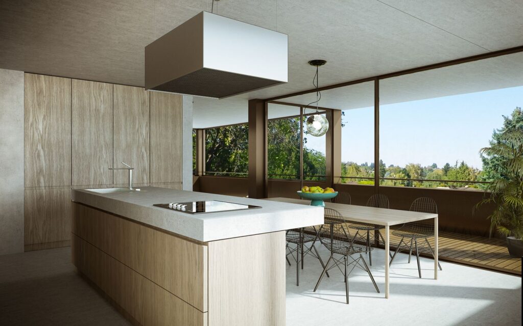 Wohn-3D-Rendering der Küche mit Holzmöbeln und natürlichem Licht im Le Vallon De Villars