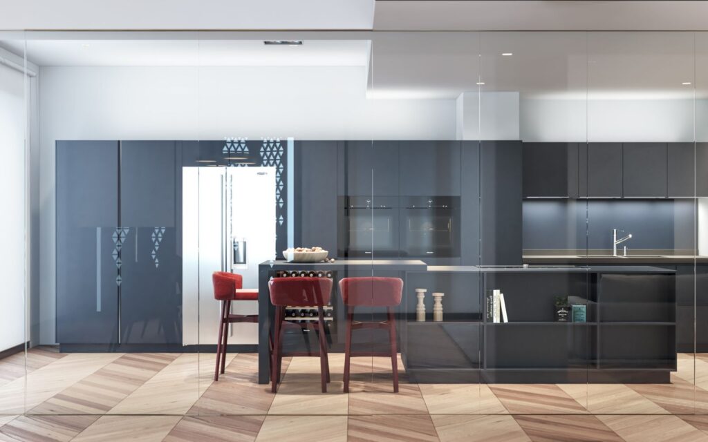Residential 3D rendering of the Domus Lascaris kitchen with dark furniture and some red chairs at the end of the island