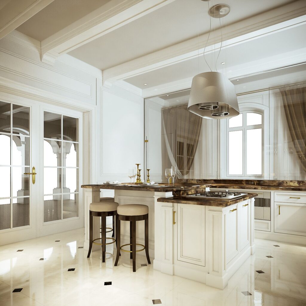 Residential 3D rendering of the Romanian Family home kitchen with marble countertops, brown curtains and natural light