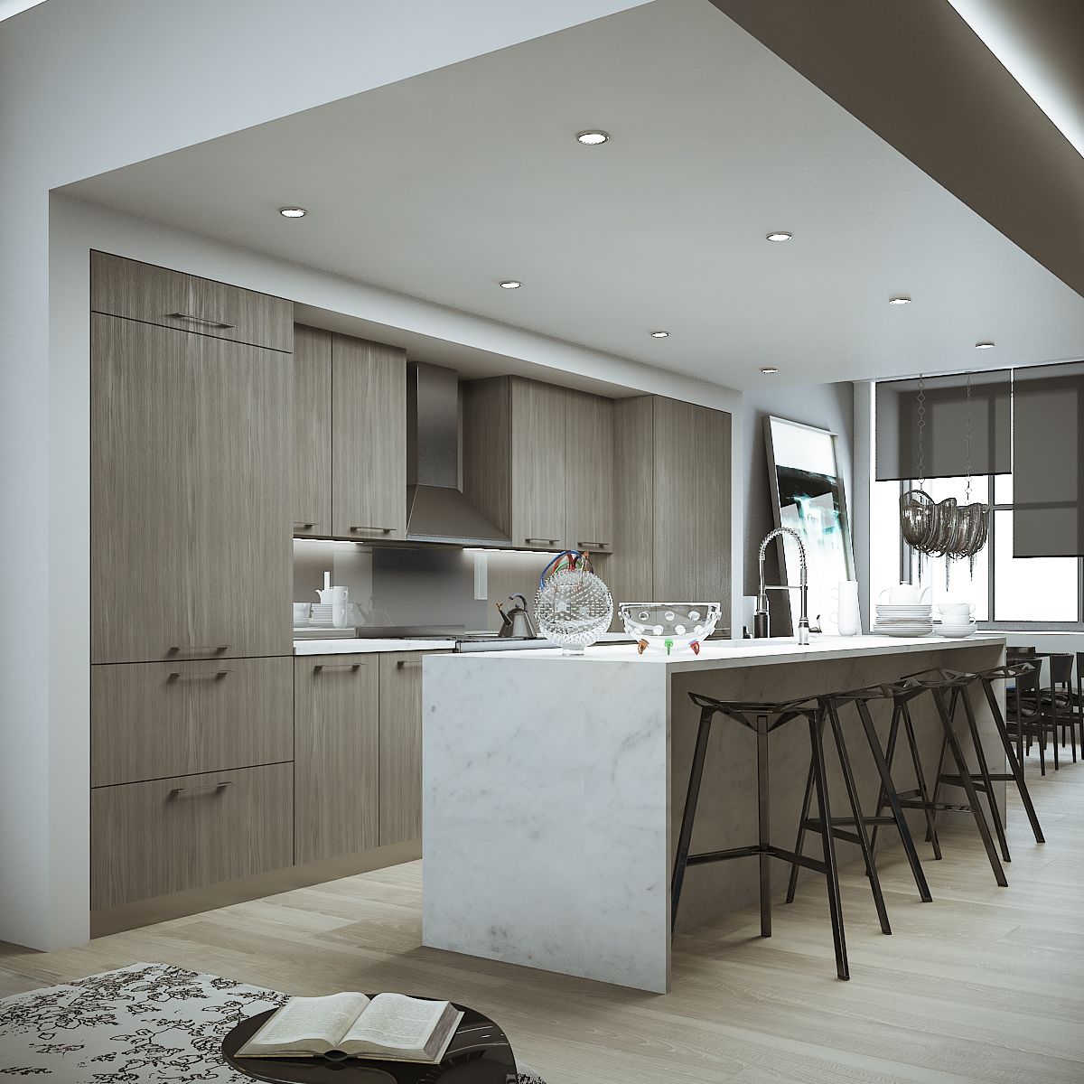 Residential 3D rendering of the Red Hook modern kitchen with white and wooden furniture