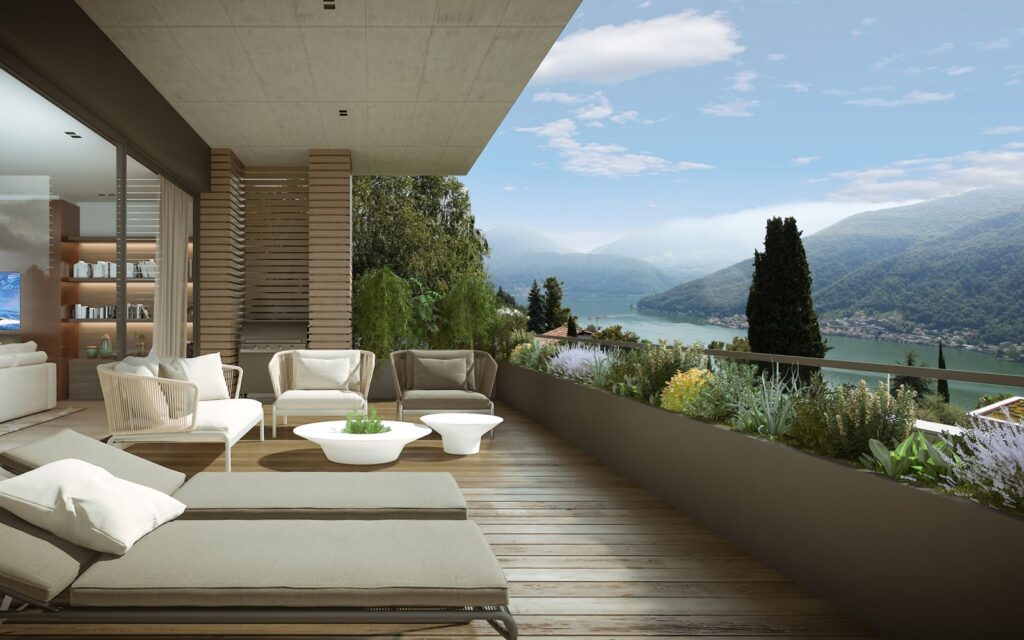 Wohn-3D-Rendering der Außenterrasse mit modernen weißen Möbeln und einem tollen Seeblick im Familienhaus Vigneto