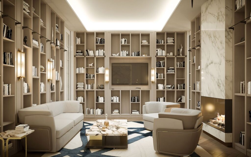 Residential 3D rendering of the Five stars hotel elegant and cozy library decorated with a white and blue rug
