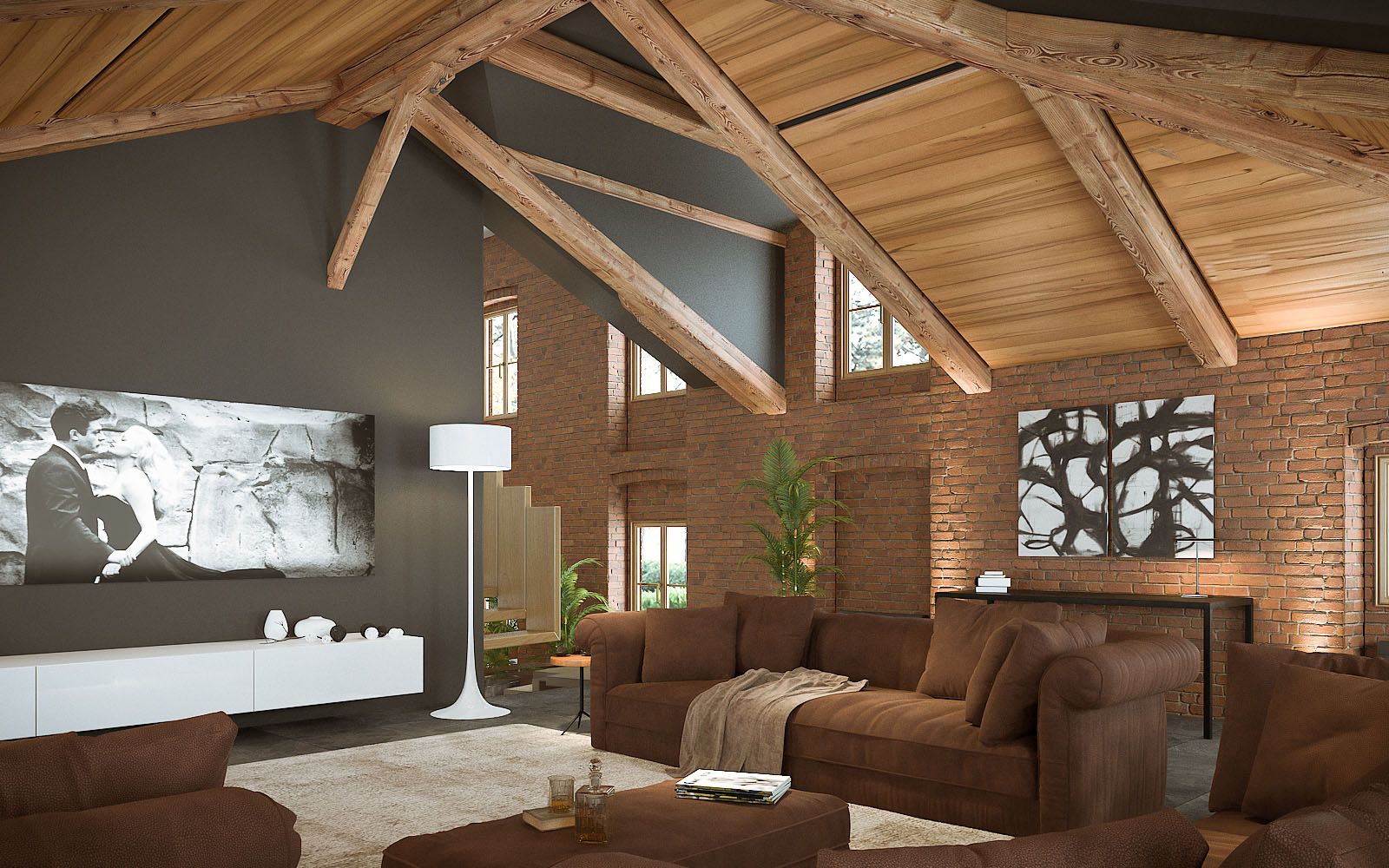 Residential 3D rendering of the Turin hills villa living room with high wooden ceiling and a black wall that stands out