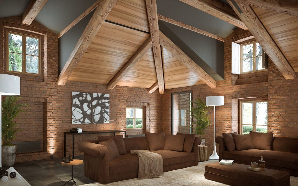 Residential 3D rendering of the Turin hills villa living room with high ceilings, brown couches, plants and exposed brick walls