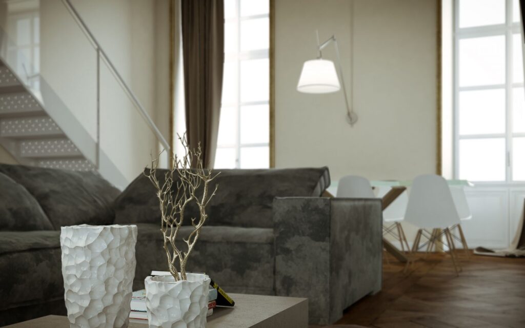 3D-Rendering des Wohnzimmers mit modernem Element im The Number 6