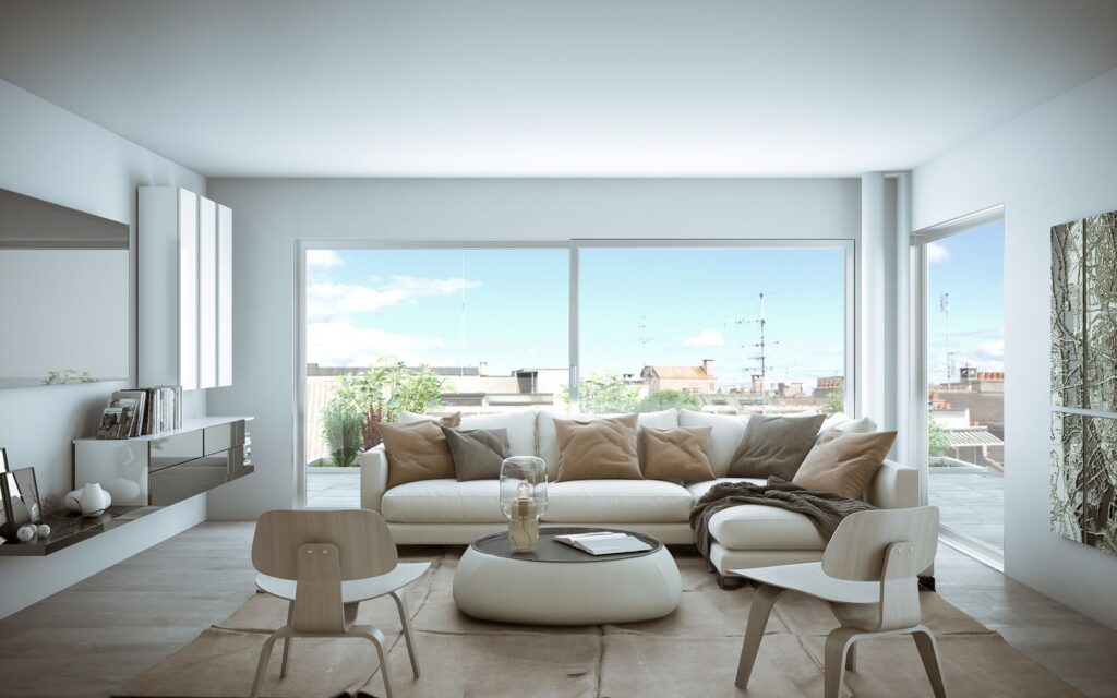Residential 3D rendering of the Rossi 16 - Multi Family living room with a clean, minimalist and modern style at the same time, with lots of natural light