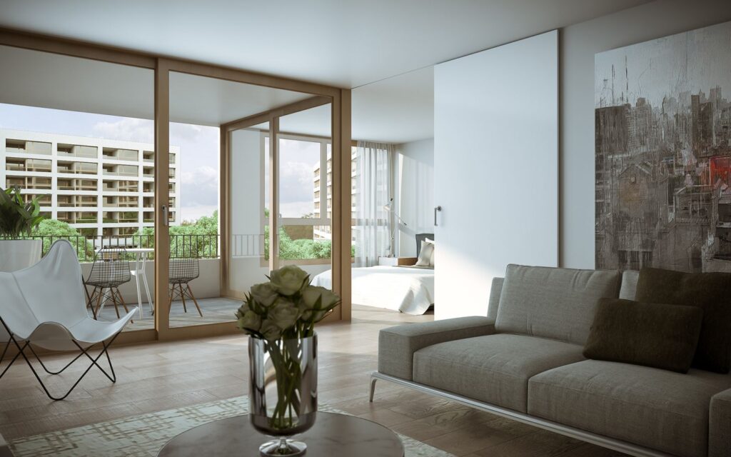Residential 3D rendering of the Schiffenen housing with minimalist style, wooden floors and windows