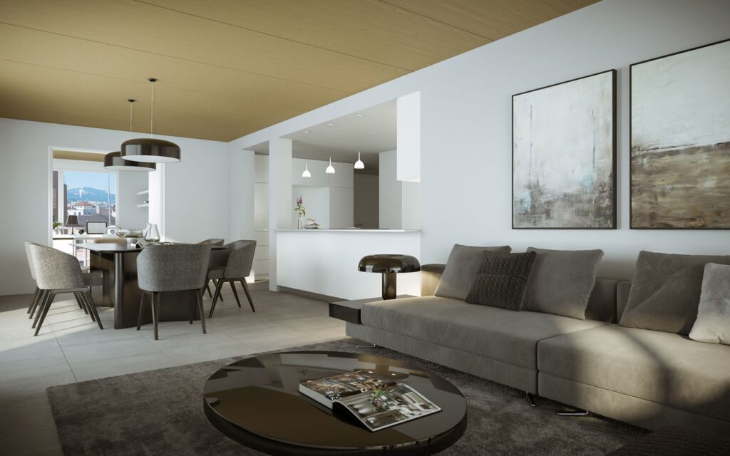 Residential 3D rendering of the Portes de Bull Housing open-concept living and dining room with gray furniture and lots of natural light