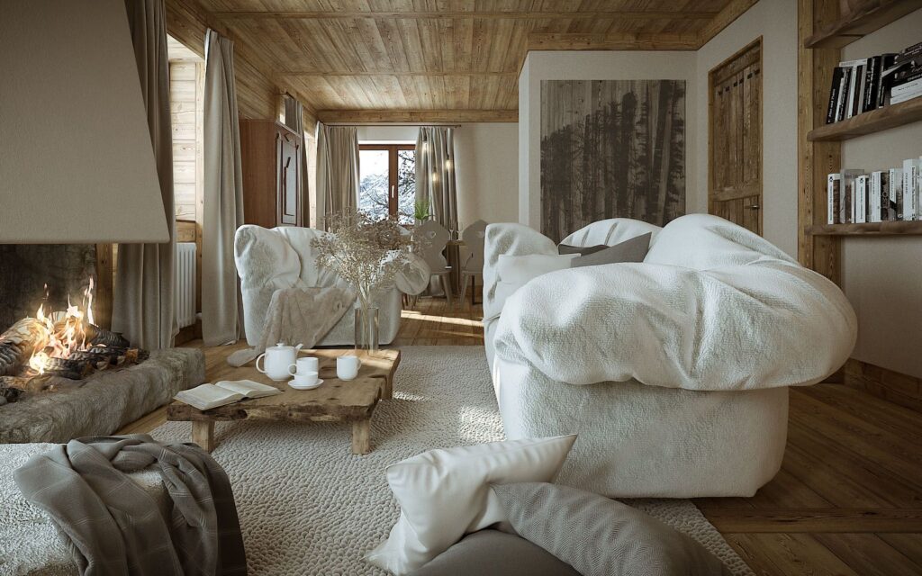Residential 3D rendering of the Cervinia Homa living room which is made of stone and wood to integrate into the environment