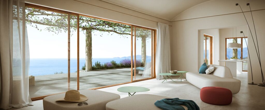 Residential 3D rendering of the Lefkada Houses living room with white furniture and walls of the same tone, as well as lots of natural lighting