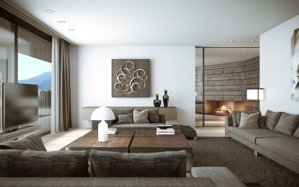 Residential 3D rendering of the Family villa living room with a wooden table in the center, great view and grey sofas