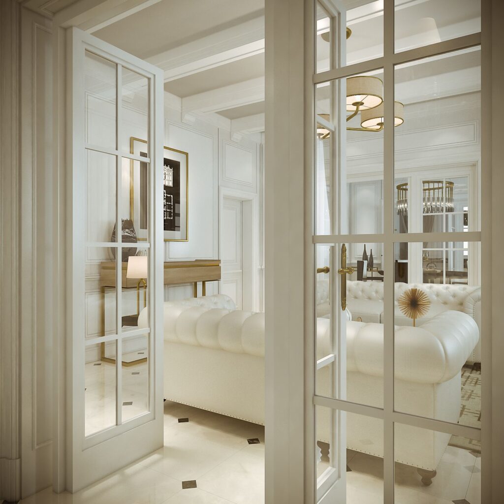 Residential 3D rendering of the Romanian Family home elegant living room, with white armchairs, gold decorations and glass doors