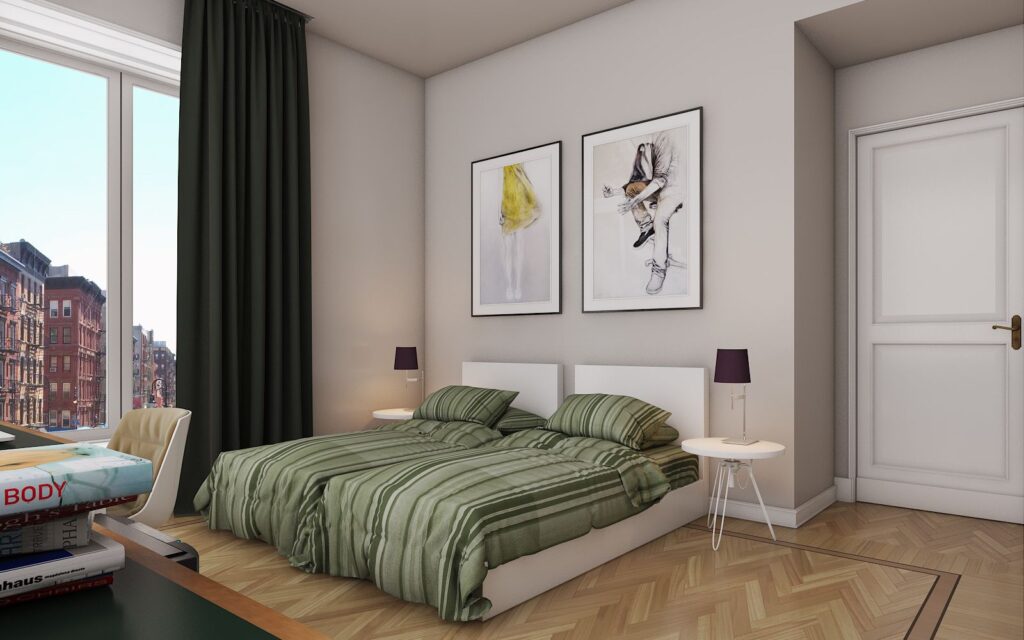Residential 3D rendering of the modern bedroom, with two beds at the Milan apartment-Via saffi