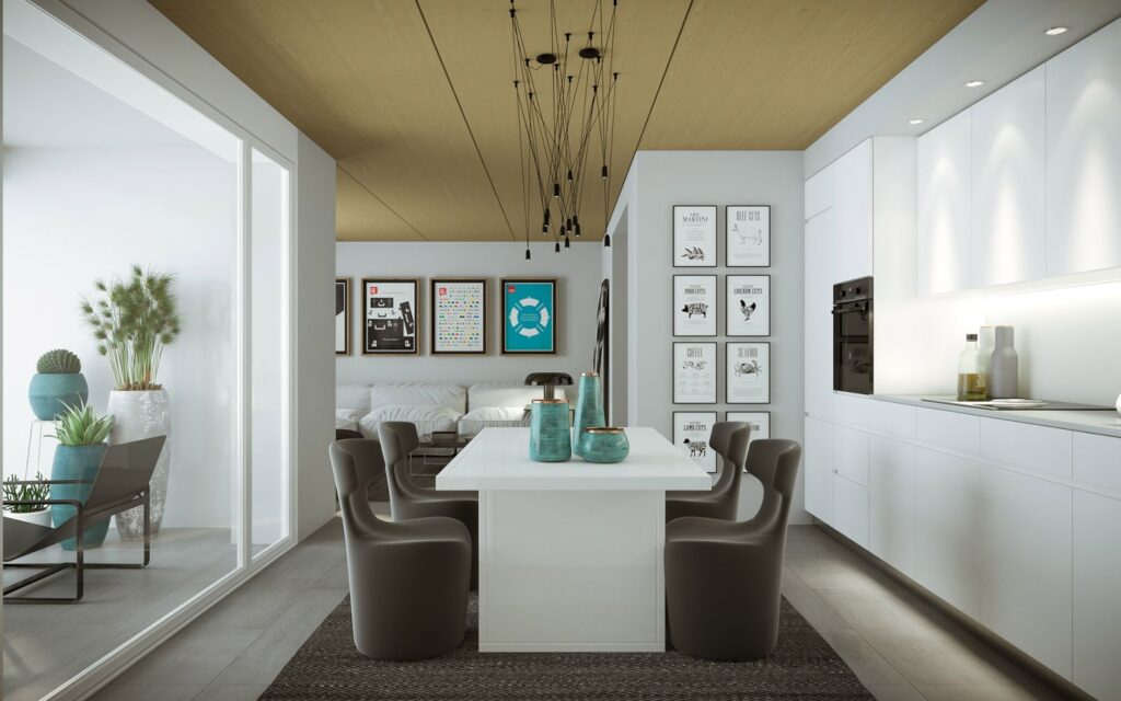 Residential 3D rendering of the Portes de Bull Housing modern dining room, with lots of natural light and many decorative paintings
