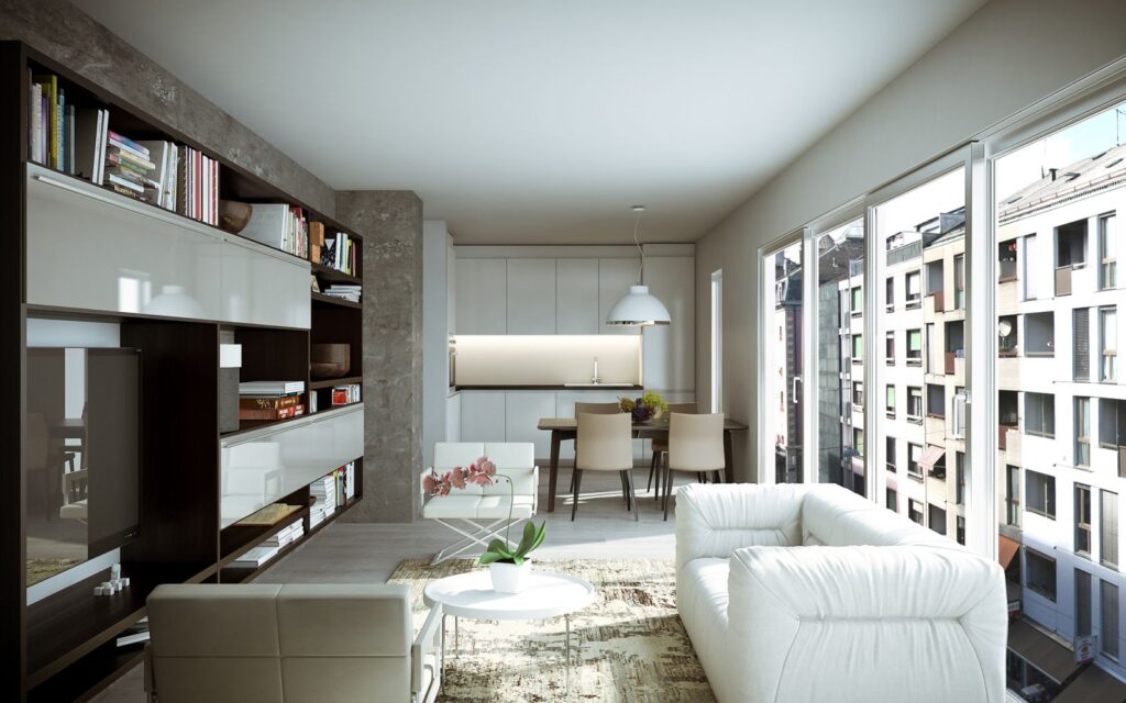 Residential 3D rendering of the Rossi 16 - Multi Family living room, dining room, and kitchen with an open concept and a modern style that can be seen in the furniture and the layout of the rooms.